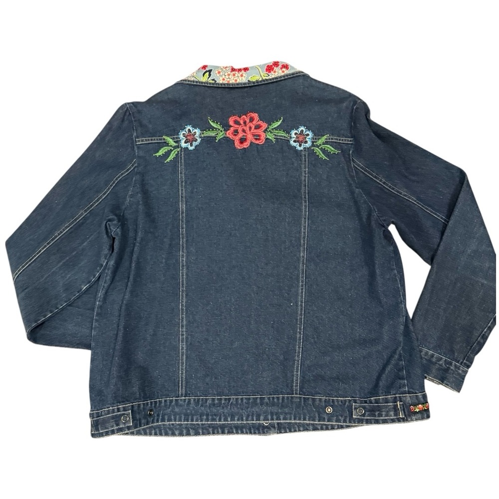 Trucker style jacket by Susan Graver Upcycled Floral Collar, Embroidered Trim - Picture 3 of 7